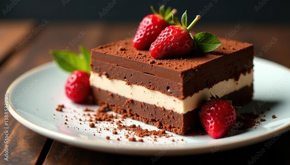 Rich chocolate-dusted tiramisu, elegant layers visible , white background, pastry, elegant