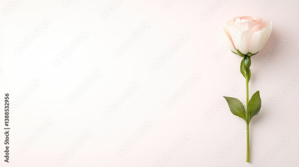 Fototapeta premium A single pale pink rose, elegantly styled, dominates the right side. The simple composition features a clean, light pink background. The image is high-quality, with soft lighting. The aesthetic is