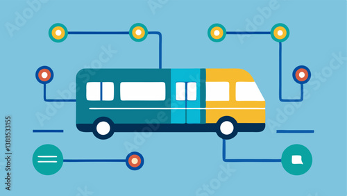 Public Transit Integration Vector showing a bus with an AI system coordinating its route based on current traffic conditions to minimize delays for passengers.