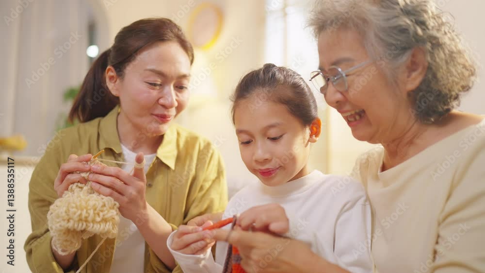 Happy Asian three generation women family enjoy weekend activities lifestyle knitting in living room. Family relationship spending time together at home. Senior person mental health and healthcare. Happy Asian three generation women family enjoy weekend activities lifestyle knitting in living room. Family relationship spending time together at home. Senior person mental health and healthcare.