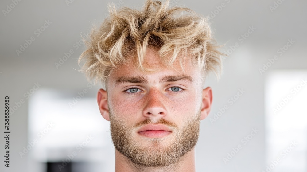 Man Blonde Hair Studio Portrait, natural light, high-resolution, frontal close-up shot, textured strands, serious expression, neutral background, light golden tones, ideal for hair styling ads Man Blonde Hair Studio Portrait, natural light, high-resolution, frontal close-up shot, textured strands, serious expression, neutral background, light golden tones, ideal for hair styling ads