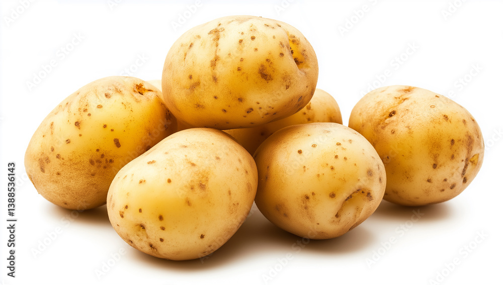 A group of seven potatoes with light brown skin and small dark spots on a white background plain studio shot A group of seven potatoes with light brown skin and small dark spots on a white background plain studio shot