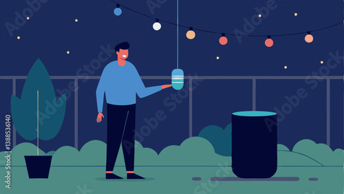 Outdoor Lighting A user in a backyard giving a command to an outdoor smart speaker illustrated with ling lights turning on across the garden and patio area.