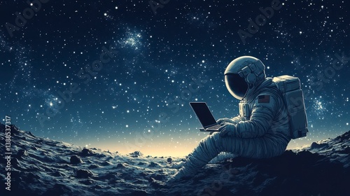 Astronaut sits on the moon with a laptop under a starry sky