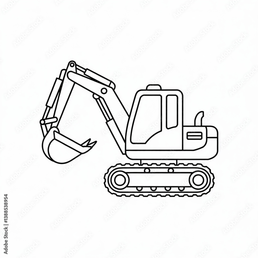 Naklejka premium Heavy construction excavator line drawing with tracked wheels and articulated arm for engineering or building equipment printables