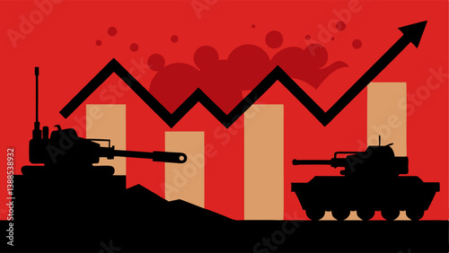 Conflict Scene and Downward Trend A silhouette of a conflict scene with tanks and explosions contrasted against a declining stock market graph illustrating how violence and unrest