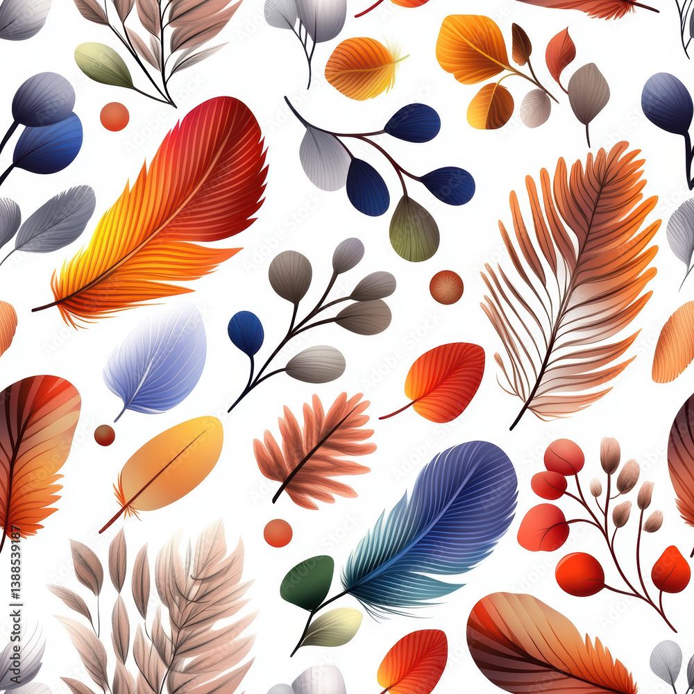 Obraz premium Vibrant seamless pattern featuring colorful leaves and berries in various shapes and sizes creating lively atmosphere