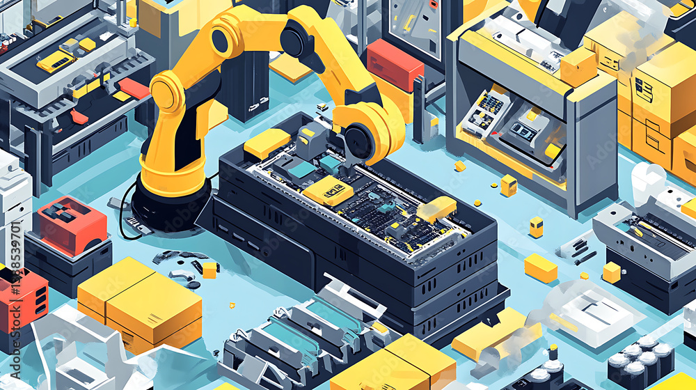 A mechanical arm in a high tech electric battery recycling facility, surrounded by battery cells, sorting machines A mechanical arm in a high tech electric battery recycling facility, surrounded by battery cells, sorting machines