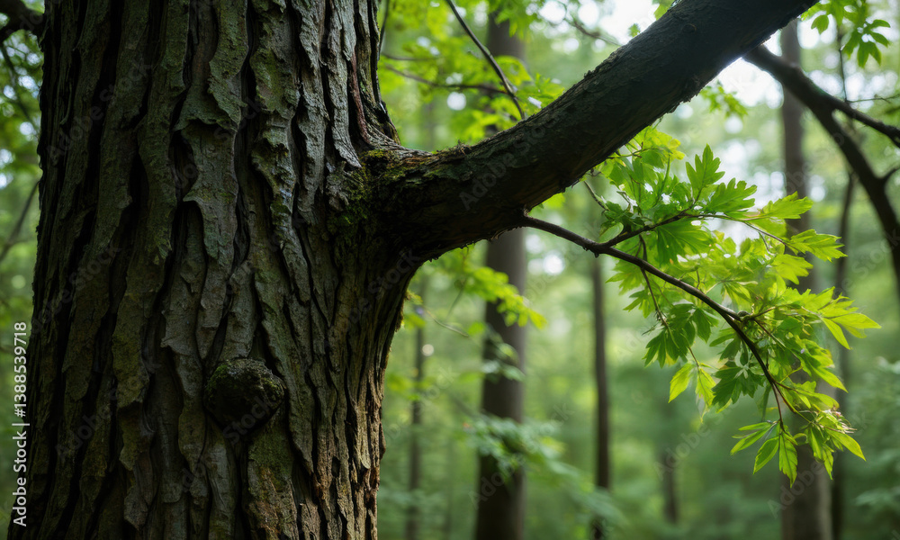 Fototapeta premium close up view of tree trunk showcasing its textured bark and vibrant green leaves, creating serene forest atmosphere