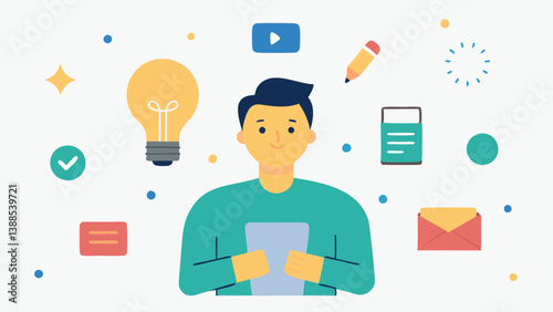 Creative Brainstorming An illustrator sketching ideas on a notepad with a light bulb above their head surrounded by icons of popular video formats and editing tools.