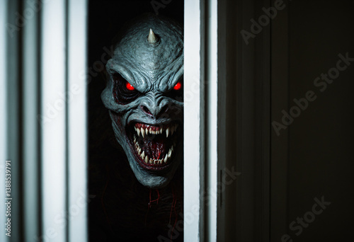 scary monster horror abstract  with red eyes and fangs in dark doorway scene