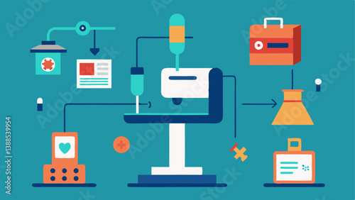 Print Process Breakdown An infographicstyle illustration showing the stepbystep process of a 3D printer creating a medical tool with labels for each stage.