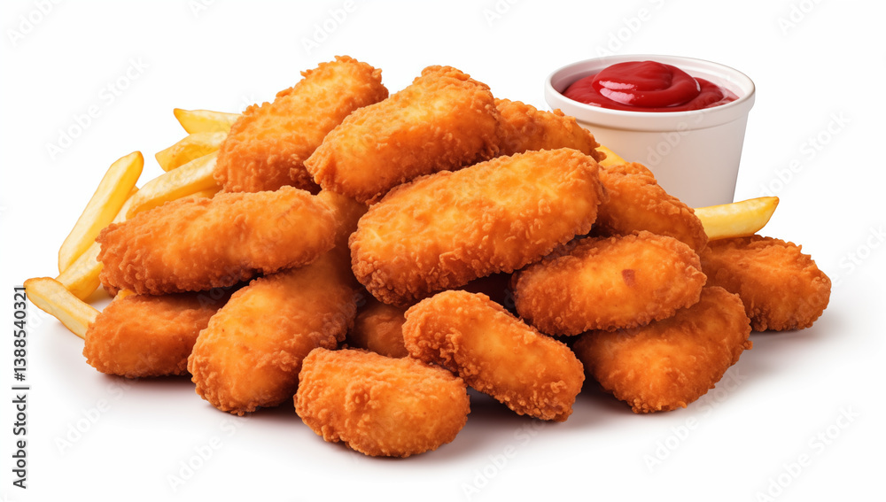A pile of golden brown chicken nuggets with french fries and a side of ketchup on a white surface A pile of golden brown chicken nuggets with french fries and a side of ketchup on a white surface