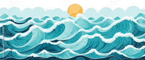 ocean waves with yellow sun...