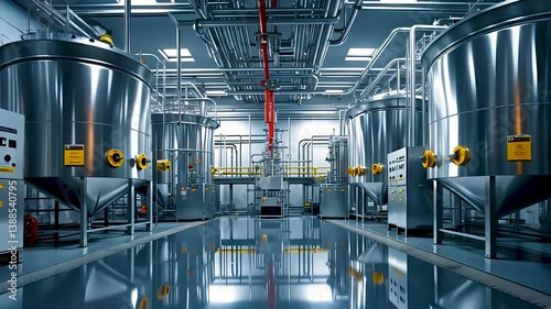 Modern beverage factory interior with polished stainless steel brewing tanks, 4k loop