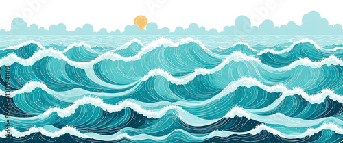 ocean waves with yellow sun...