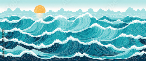 ocean waves with yellow sun...