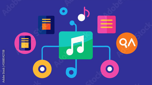 Playlist Generation An AI icon producing a vibrant playlist filled with colorful album art with musical notes floating around to show that the music is being curated.
