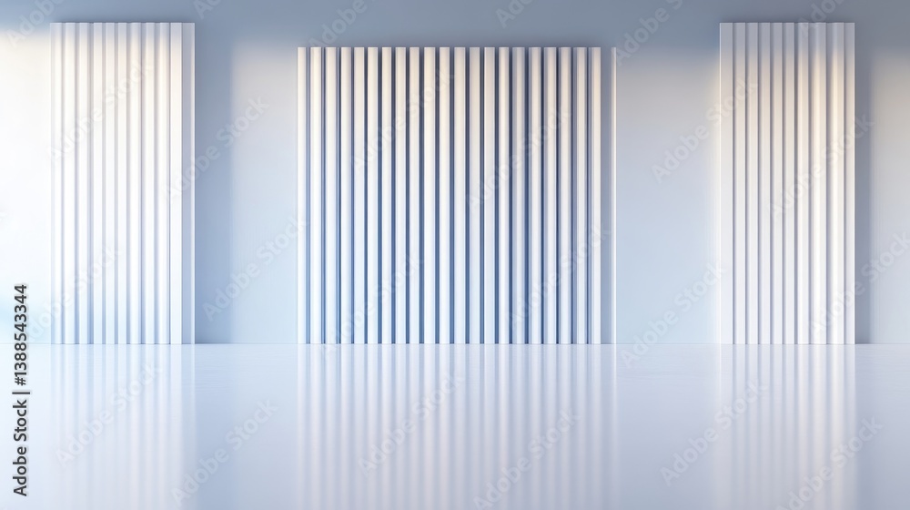 Fototapeta premium White Vertical Panels Reflective Floor Minimalist Design High Resolution Front View Clean Lines Geometric Abstraction Empty Room Soft Light Blue Hues Ideal for Modern Architecture