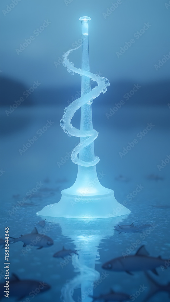 Obraz premium Crystal flute in frozen lake emits mist that forms ice note sculptures while fish swim in rhythm below.