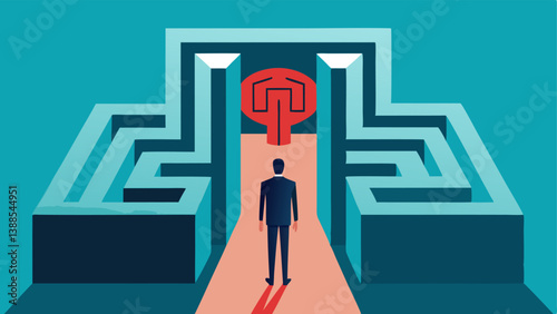 Maze of Options A human figure standing at the entrance of a complex maze representing overwhelming choices with the brain looking stressed.