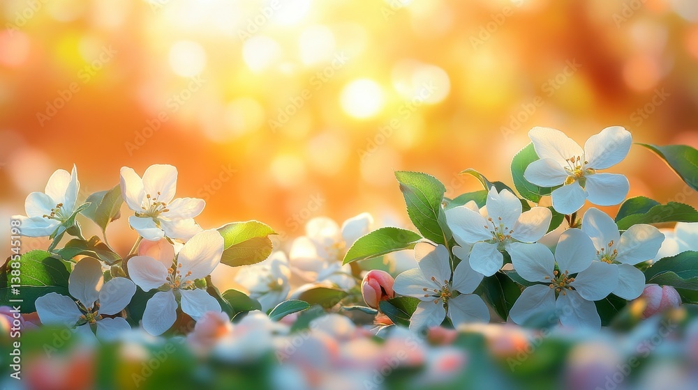 Obraz premium Blooming flowers with sunlight; white petals and green leaves