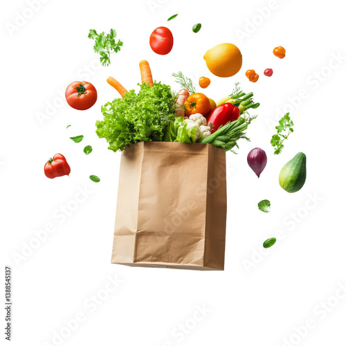 A paper bag overflowing with fresh vegetables and greens, symbolizing healthy eating.