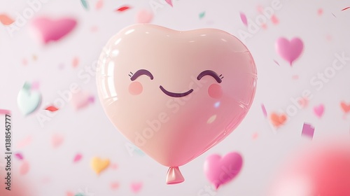 Joyful heart balloon floating amidst colorful confetti celebration scene whimsical vibe