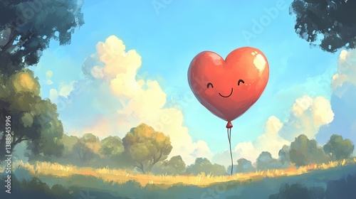 Joyful heart balloon floating in a sunny nature setting whimsical scene