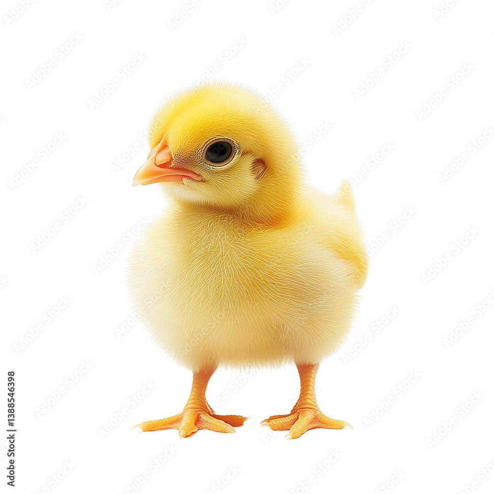 Fototapeta premium A cute, fluffy yellow chick standing upright, showcasing its vibrant feathers and curious expression.