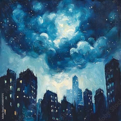 Night Cityscape Impressionist Oil Painting Blue Night Sky Stars City Buildings