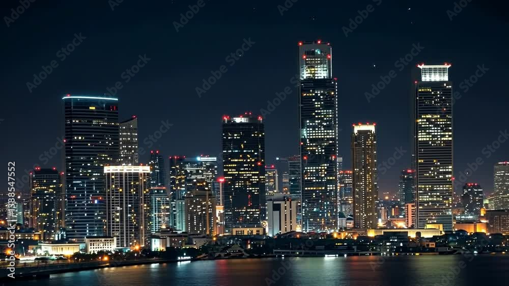 Night cityscape skyline, urban panorama, illuminated buildings Night cityscape skyline, urban panorama, illuminated buildings