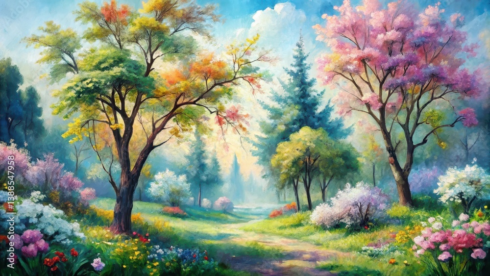 Fototapeta premium Vibrant Springtime Pathway Through a Colorful Blossoming Forest Scene Featuring Lush Greenery and a Serene Atmosphere
