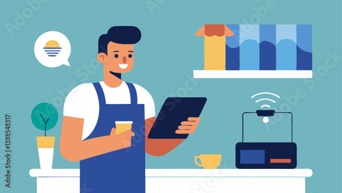 Digital Payment Processing An illustration of a small café with a barista using a tablet to accept payments from a customer via a mobile app showcasing a contactless payment od.