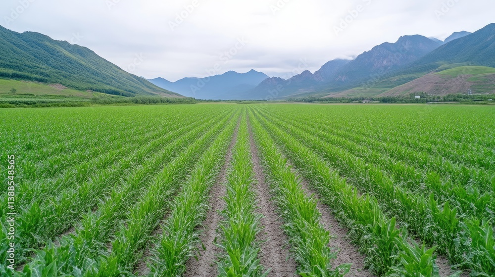 Fototapeta premium A vast field of vibrant green crops stretches to the horizon. Rows of plants are neatly planted, leading towards distant mountains. The image boasts excellent resolution and natural lighting. Its s