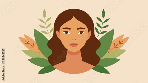 Natural Essence A closeup of a womans face surrounded by leaves and flowers symbolizing natural ingredients with a soft glow highlighting her rejuvenated skin texture.