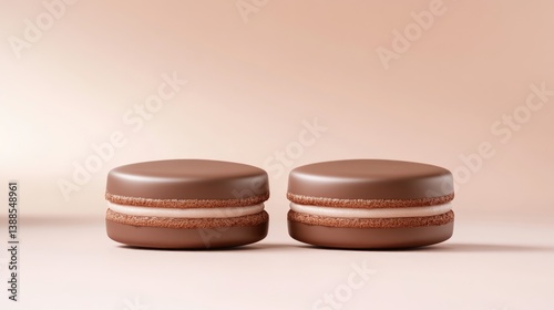 Two chocolate macarons are presented against a light peach background. They are positioned side-by-side, showcasing a smooth, almost matte finish. The image is high-quality, with soft, even lighting.