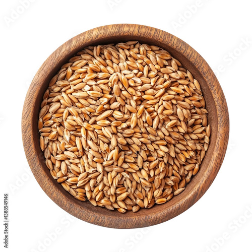 Wooden bowl with wheat grains top view isolated on transparent and white background