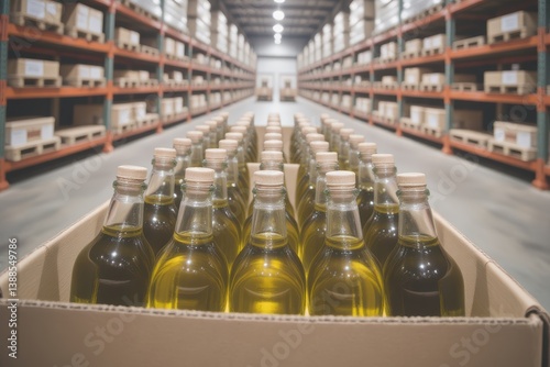 Olive Oil Bottles in Cardboard Box at Warehouse: Stockpile of Extra Virgin Oil for Distribution & Retail