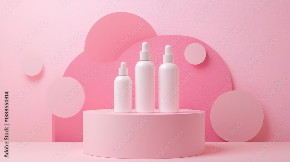 Pink Cosmetic Bottles Display, Minimalist Product Presentation Pink Cosmetic Bottles Display, Minimalist Product Presentation