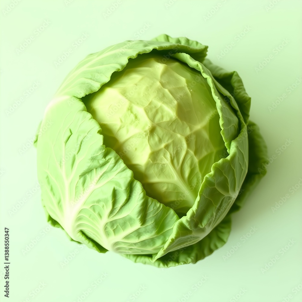 Fototapeta premium Photorealistic cabbage, vibrant green, crisp leaves, fresh vegetable, high detail, studio lighting, white background, organic texture, closeup, food photography, hyper-realistic