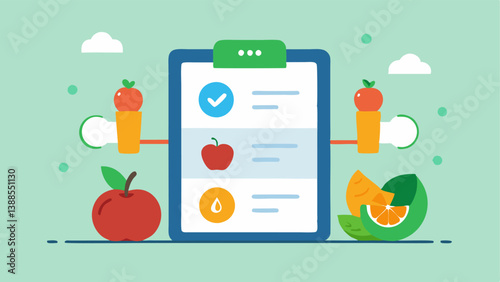 Personalized Diet Plans A fitness app screen that showcases a healthy meal plan with icons of vegetables protein shakes and fruits highlighting customized nutrition suggestions.