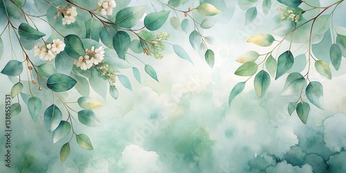 Serene Watercolor Painting of Delicate White Blossoms and Lush Green Leaves on a Soft, Dreamy Background
