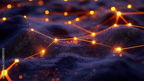 Illuminated network connections across abstract terrain in futuristic night