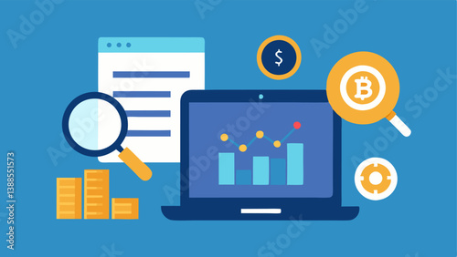 Desk Setup A closeup of a desk featuring a laptop displaying financial data a magnifying glass over cryptocurrency charts and a compliance manual.
