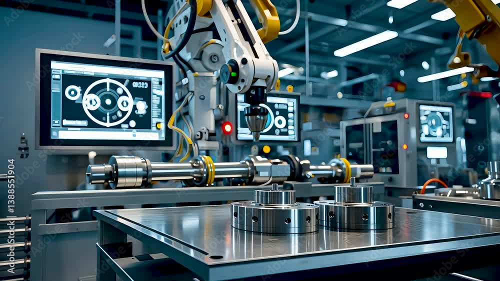 High-tech robotic arms operating on industrial precision equipment in smart factory High-tech robotic arms operating on industrial precision equipment in smart factory