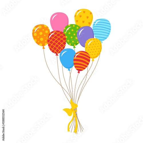 Bunch of balloons vector illustration for holiday greeting card. Colorful decorative cartoon bundle patterned balloons with bow. Vector perfect for party decorations greeting cards, children's designs