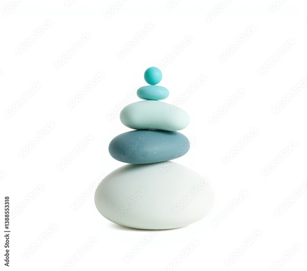 Balanced zen stones stacked in calming pastel colors on a white background