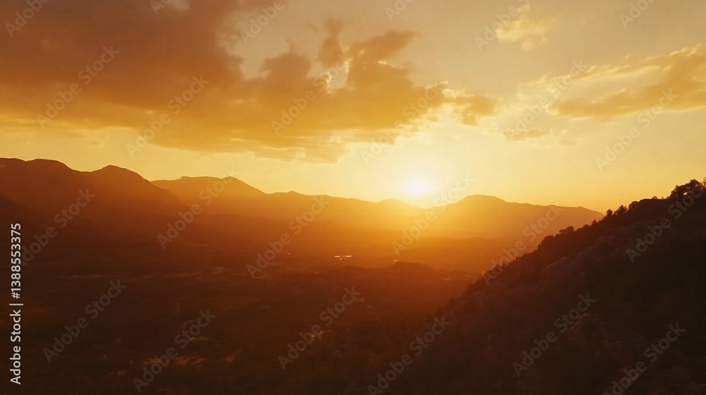 Naklejka premium Majestic mountains enveloped in golden sunlight during twilight hours
