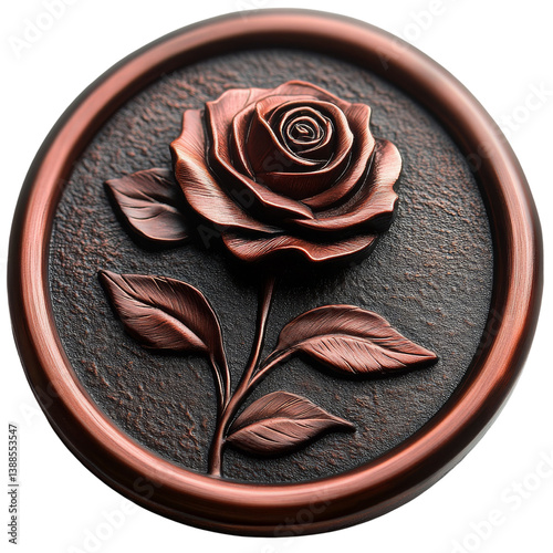 A detailed bronze relief of a rose with leaves, showcasing artistic craftsmanship.